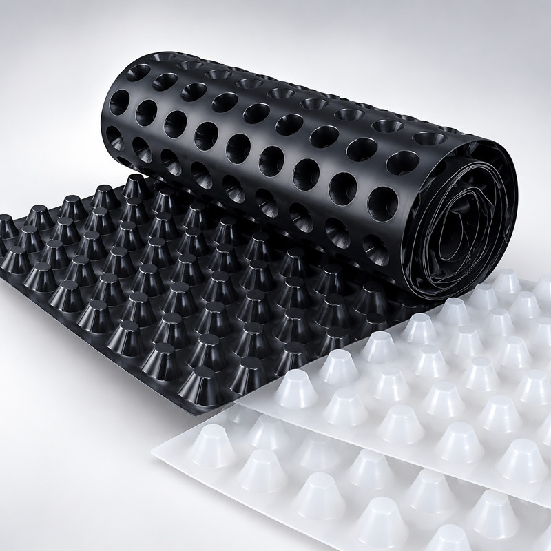 Suministros de rollos de lámina de drenaje con hoyuelos de HDPE en blanco y negro.jpg